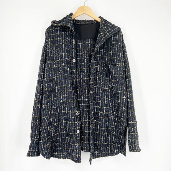 Oversized Flannel Metallic Tweed Button Down Hoodie Men's Size XS - Picture 1 of 5